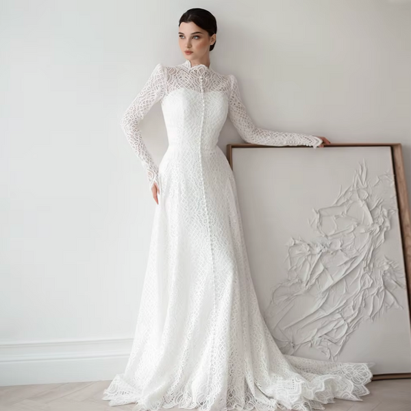 Modest Lace Mermaid Wedding Dress with Long Sleeves, High Neck, and Sweep Train