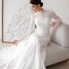 Modest Lace Mermaid Wedding Dress with Long Sleeves, High Neck, and Sweep Train