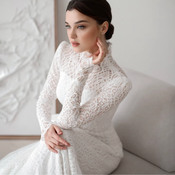 Modest Lace Mermaid Wedding Dress with Long Sleeves, High Neck, and Sweep Train