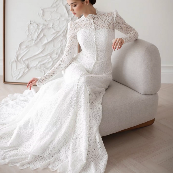 Modest Lace Mermaid Wedding Dress with Long Sleeves, High Neck, and Sweep Train