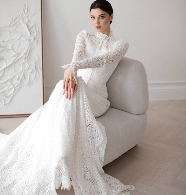 Modest Lace Mermaid Wedding Dress with Long Sleeves, High Neck, and Sweep Train