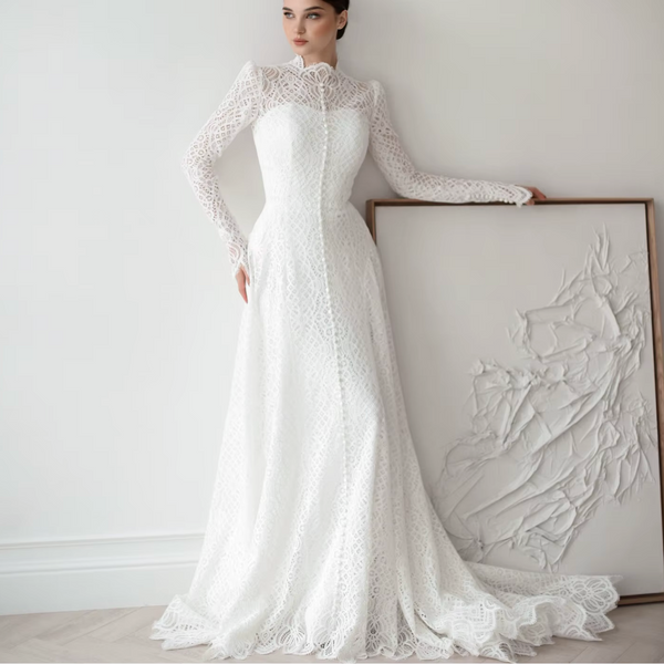 Modest Lace Mermaid Wedding Dress with Long Sleeves, High Neck, and Sweep Train