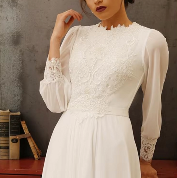 Modest Long Sleeve Chiffon Wedding Dress with O-Neck and Elegant Appliques