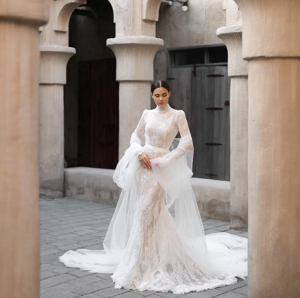 Luxury High Collar Lace Mermaid Wedding Gown with Pleated Details