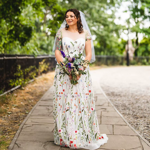 Sweetheart Embroidered Wildflower Wedding Dress with Cap Sleeves and Lace-Up Corset