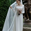 Soft Satin Long Sleeve Modest Wedding Dress with Square Neck and Elegant A-Line Silhouette