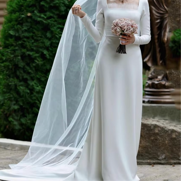 Soft Satin Long Sleeve Modest Wedding Dress with Square Neck and Elegant A-Line Silhouette