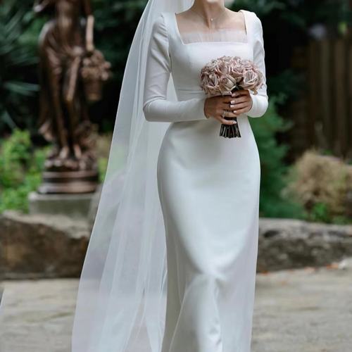 Soft Satin Long Sleeve Modest Wedding Dress with Square Neck and Elegant A-Line Silhouette