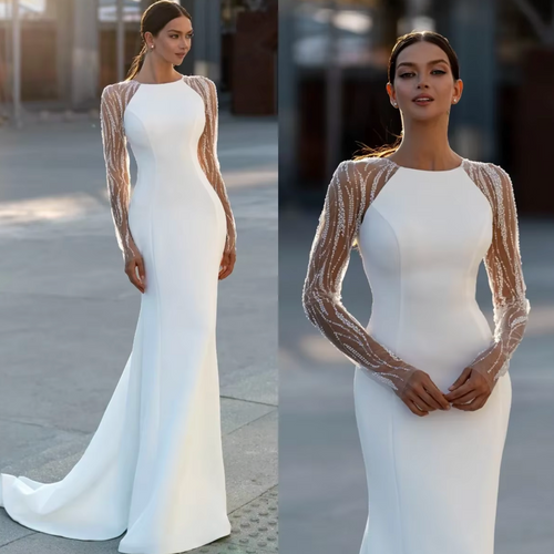 Elegant Mermaid Wedding Dress with O-Neck and Long Sleeves, Lace Illusion Back, and Sweep Train