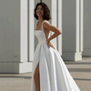 Elegant Satin Square-Neck Wedding Dress – Sleeveless A-Line Bridal Gown with Lace and Sweep Train