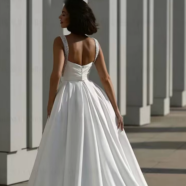 Elegant Satin Square-Neck Wedding Dress – Sleeveless A-Line Bridal Gown with Lace and Sweep Train