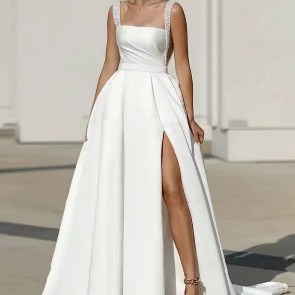 Elegant Satin Square-Neck Wedding Dress – Sleeveless A-Line Bridal Gown with Lace and Sweep Train