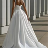 Elegant Satin Square-Neck Wedding Dress – Sleeveless A-Line Bridal Gown with Lace and Sweep Train