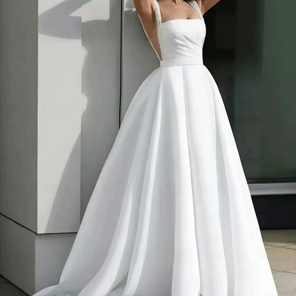 Elegant Satin Square-Neck Wedding Dress – Sleeveless A-Line Bridal Gown with Lace and Sweep Train