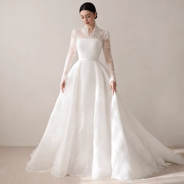 Exquisite V-Neck Lace Wedding Dress with Full Sleeves and Sweep Train – Elegant A-Line Bridal Gown for Arabian Weddings