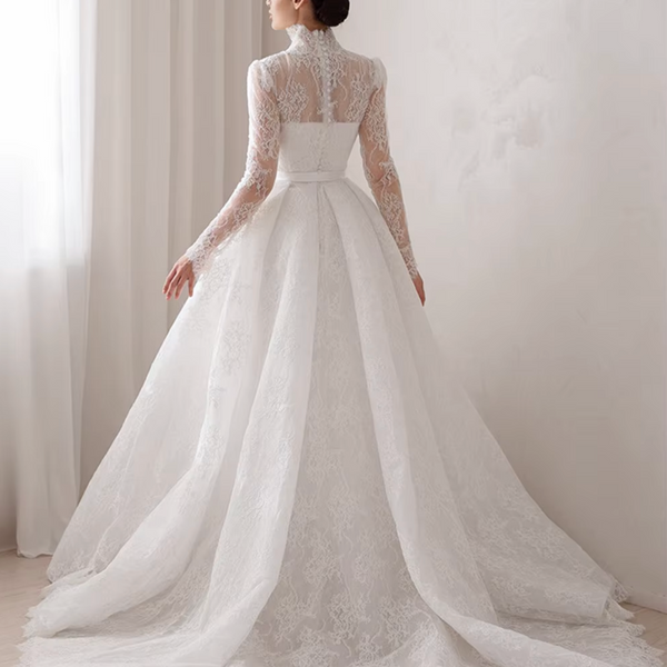 Exquisite V-Neck Lace Wedding Dress with Full Sleeves and Sweep Train – Elegant A-Line Bridal Gown for Arabian Weddings