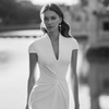 Minimalist Stretch Mermaid Wedding Dress – Deep V-Neck, Side Slit, Short Sleeves, Sweep Train Bridal Gown