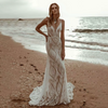 Bohemian Lace Wedding Dress | V-Neck, Spaghetti Straps, Backless, A-Line Beach Bridal Gown