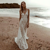 Bohemian Lace Wedding Dress | V-Neck, Spaghetti Straps, Backless, A-Line Beach Bridal Gown