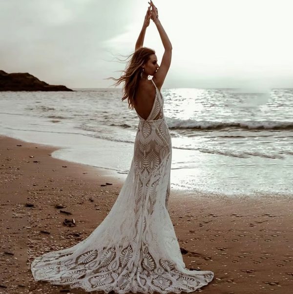 Bohemian Lace Wedding Dress | V-Neck, Spaghetti Straps, Backless, A-Line Beach Bridal Gown