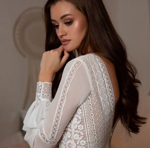 Bohemian Lace Wedding Dress with Long Sleeves | A-Line Bridal Gown with Backless Design