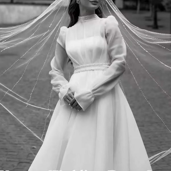 Modest Organza Wedding Dress with High Neck | Muslim Bridal Gown