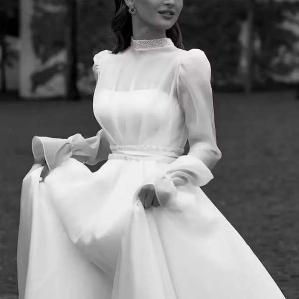 Modest Organza Wedding Dress with High Neck | Muslim Bridal Gown