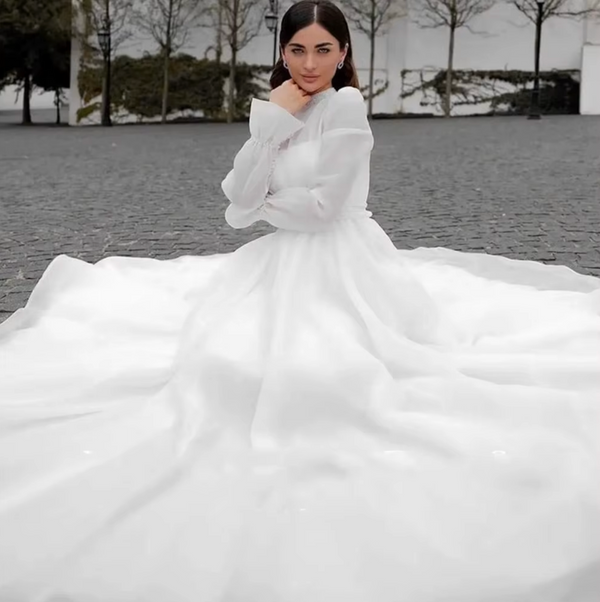 Modest Organza Wedding Dress with High Neck | Muslim Bridal Gown