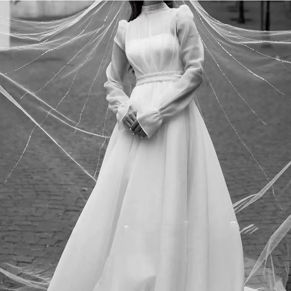 Modest Organza Wedding Dress with High Neck | Muslim Bridal Gown