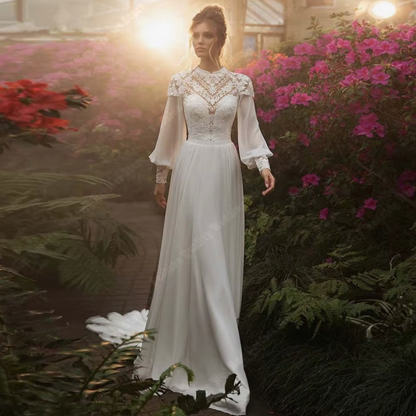 Vintage Boho Wedding Dress with Long Puffy Sleeves and High Neck Lace