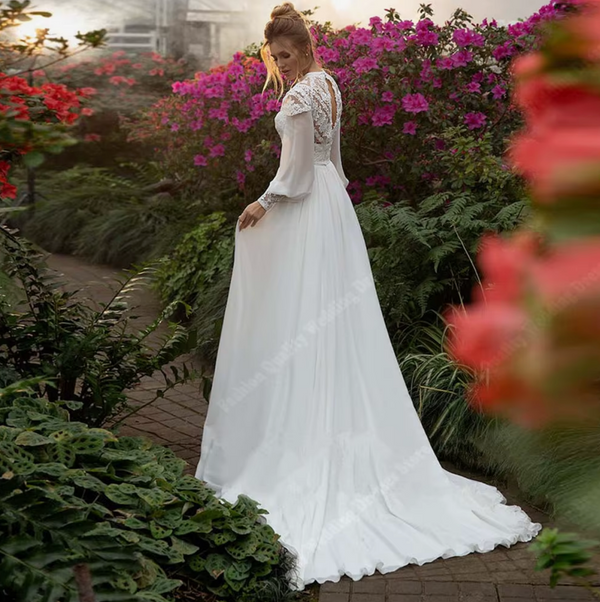 Vintage Boho Wedding Dress with Long Puffy Sleeves and High Neck Lace