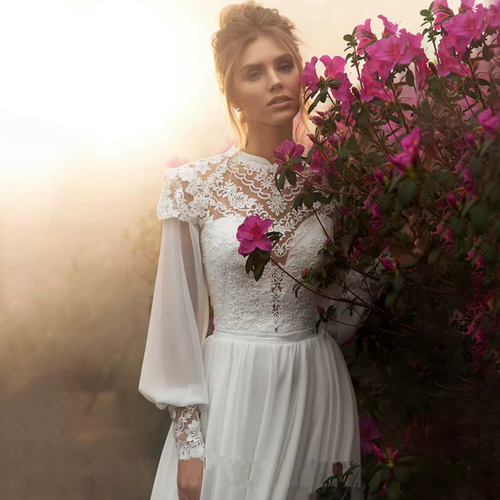 Vintage Boho Wedding Dress with Long Puffy Sleeves and High Neck Lace