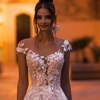 Cap Sleeve Lace Princess Wedding Dress | A-Line Bridal Gown with Beaded Flowers and Court Train