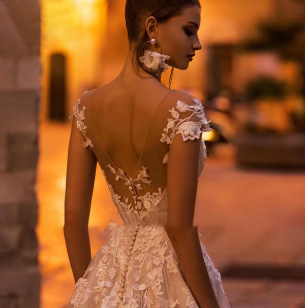 Cap Sleeve Lace Princess Wedding Dress | A-Line Bridal Gown with Beaded Flowers and Court Train