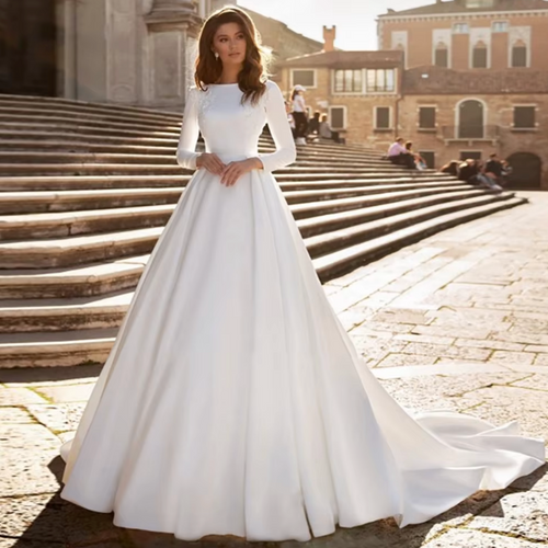 Elegant Princess Ball Gown Wedding Dress | Long Sleeve Satin Bridal Gown