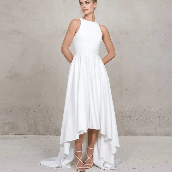 Simple High-Neck Spandex High/Low Wedding Dress with Mid-Calf Length