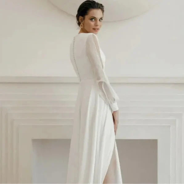 Simple A-Line Chiffon Wedding Dress with V-Neck and Puff Sleeves