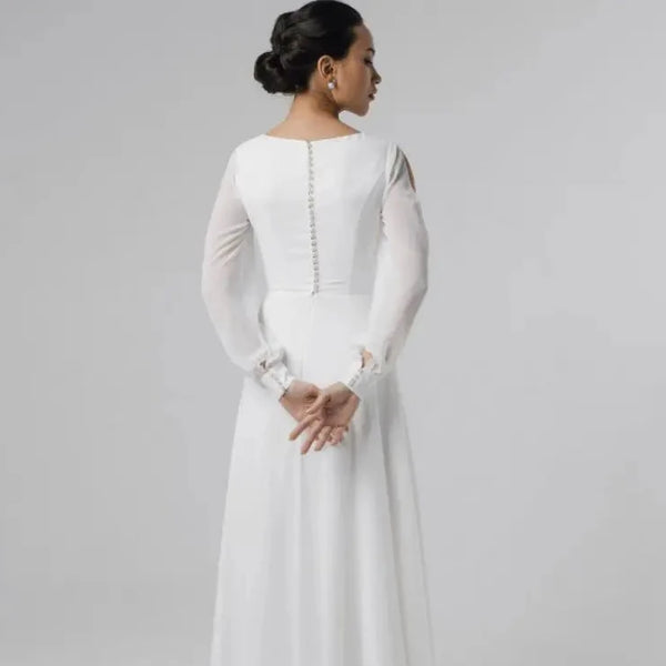 Simple A-Line Chiffon Wedding Dress with V-Neck and Puff Sleeves