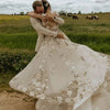 Romantic Cap Sleeves Embroidered Floral Wedding Dress with Plunge V-Neck and Sweep Train