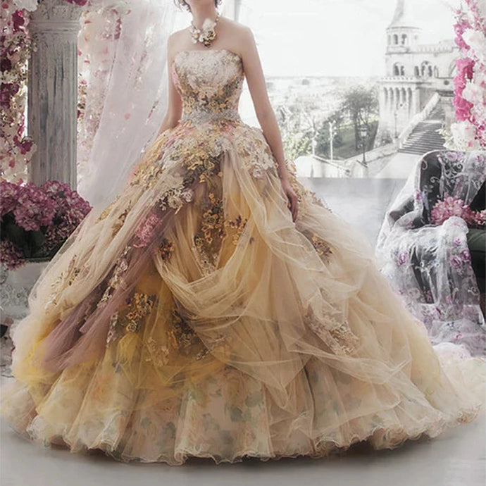 Vintage-Inspired Floral Ball Gown Wedding Dress with Multi-Layered Tulle and 3D Appliques