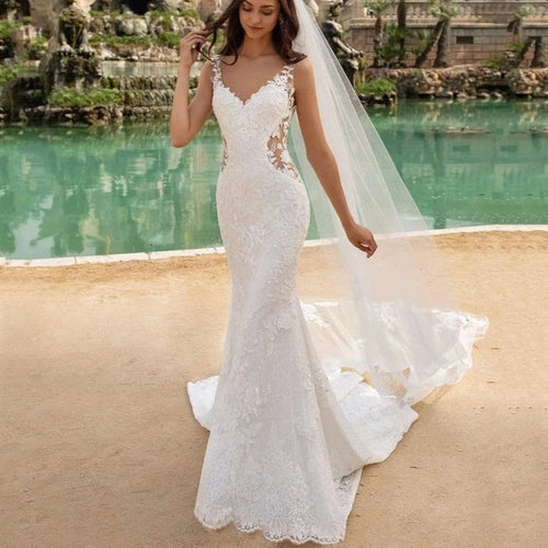 Elegant Mermaid Wedding Dress with Lace Accents and Illusion Waistline | Modern Backless Bridal Gown