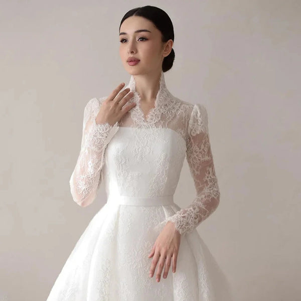 Exquisite V-Neck Lace Wedding Dress with Full Sleeves and Sweep Train – Elegant A-Line Bridal Gown for Arabian Weddings