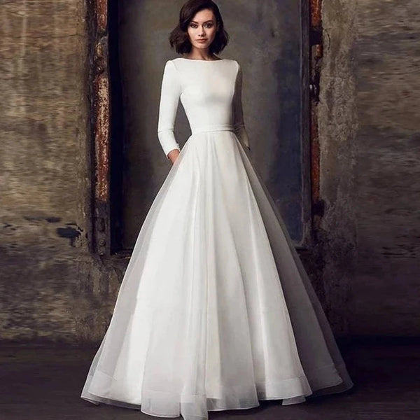 Elegant Organza Boat Neck Bridal Gown | Minimal Modest Wedding Dress