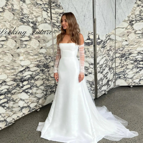 Elegant Satin A-Line Wedding Dress with Boat Neck and Detachable Sleeves