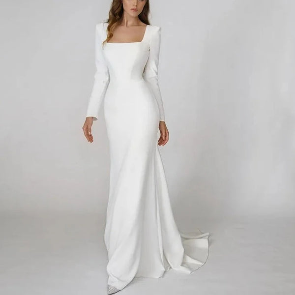 Sleek Satin Mermaid Wedding Dress with Square Neck and Long Sleeves - Elegant Minimalist Bridal Gown