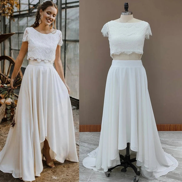 Boho Lace 2-Piece Wedding Dress Set | Crop Top & High Low Maxi Skirt