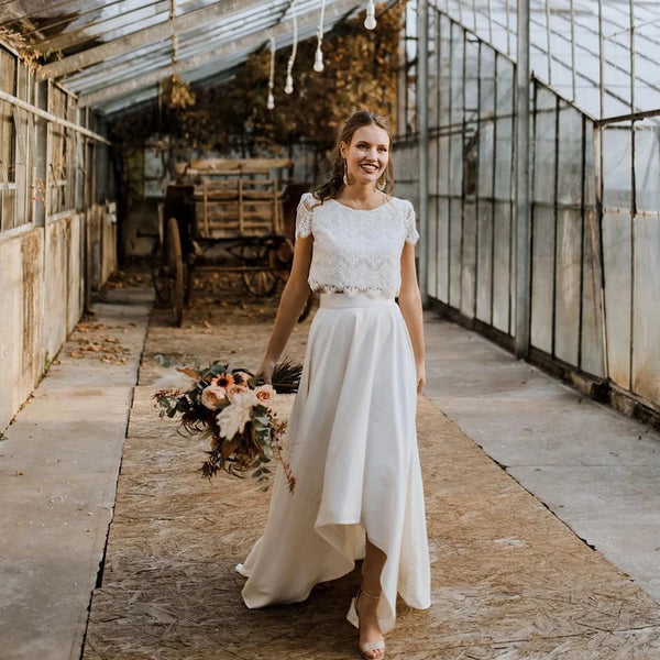 Boho Lace 2-Piece Wedding Dress Set | Crop Top & High Low Maxi Skirt