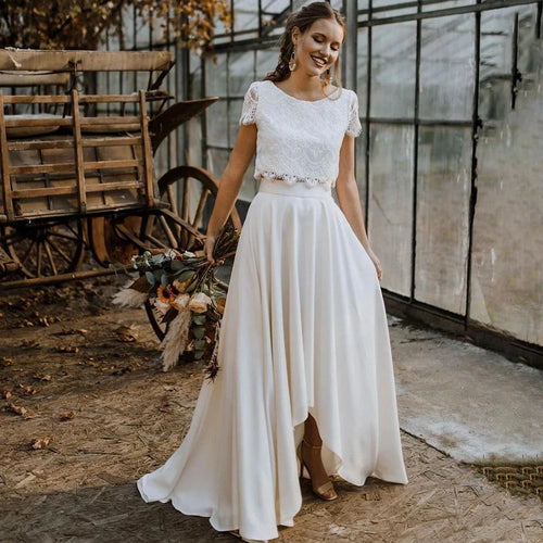 Boho Lace 2-Piece Wedding Dress Set | Crop Top & High Low Maxi Skirt