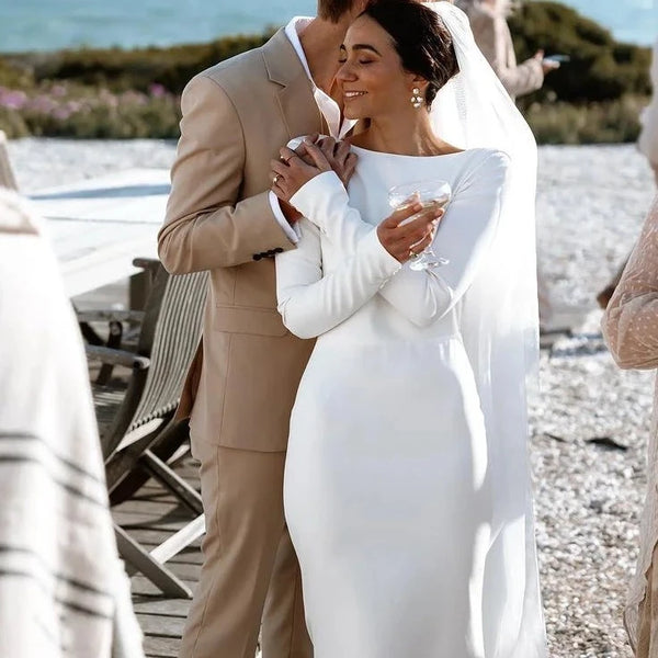 Elegant Backless Mermaid Wedding | Long Sleeve Simple Crepe Bridal Gown