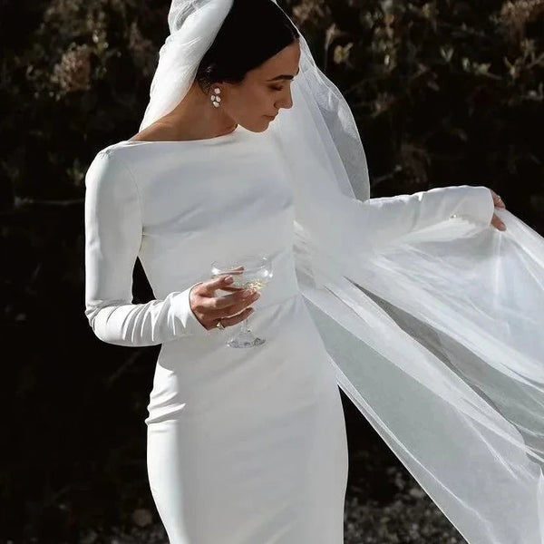 Elegant Backless Mermaid Wedding | Long Sleeve Simple Crepe Bridal Gown